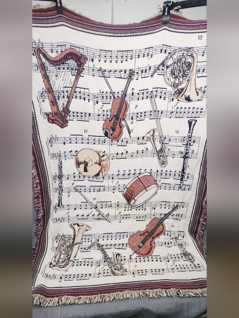 Goodwin weavers Musical Instruments Tapestry Throw Cream Brown USA Made